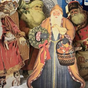 4 Vintage Santa Designs, applied to wooden backing and cutout for decoration